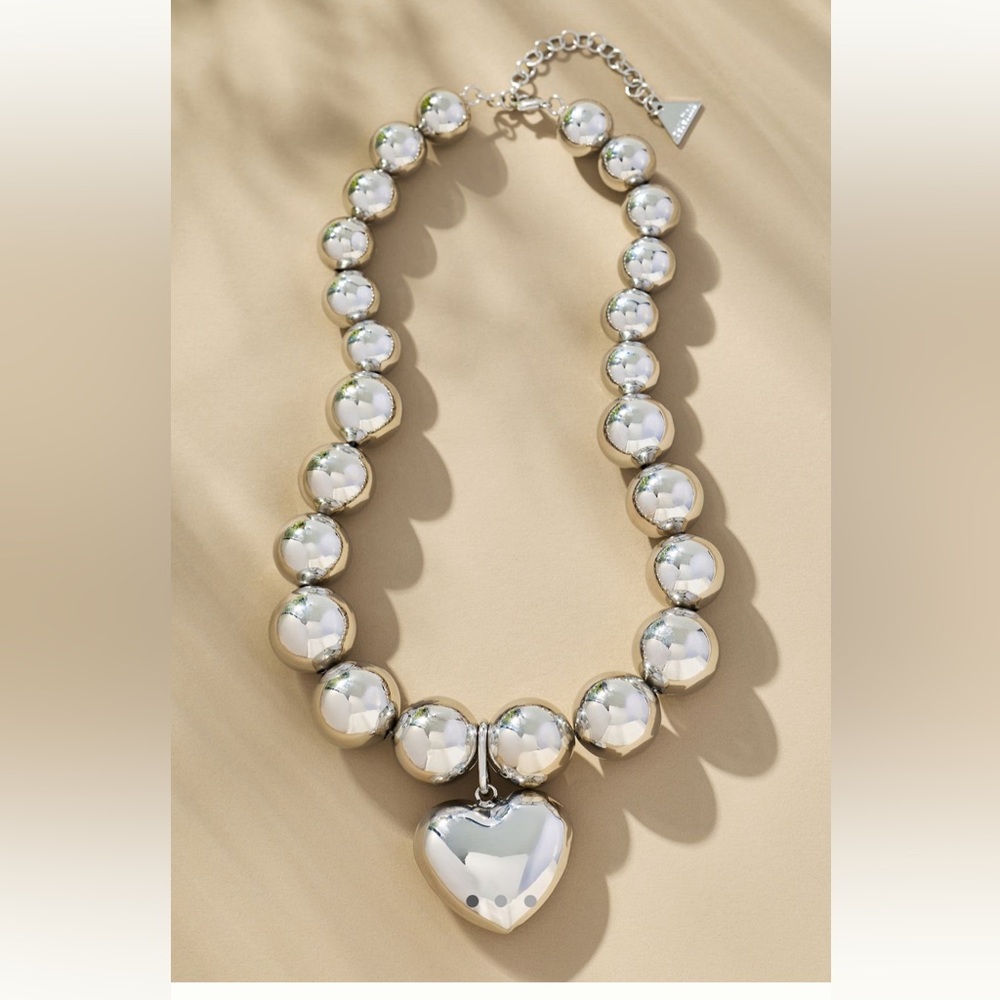 Anthropologie Chunky Beaded statement heart necklace - silver NWT